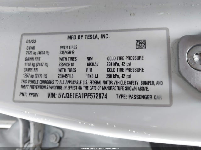 Aukcja sprzedaży 2023 Tesla Model 3 Rear-wheel Drive, vin: 5YJ3E1EA1PF572874, numer aukcji: 44770192