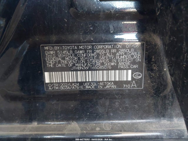 44770202 :رقم المزاد ، JTHBN36F165045076 vin ، 2006 Lexus Ls 430 مزاد بيع