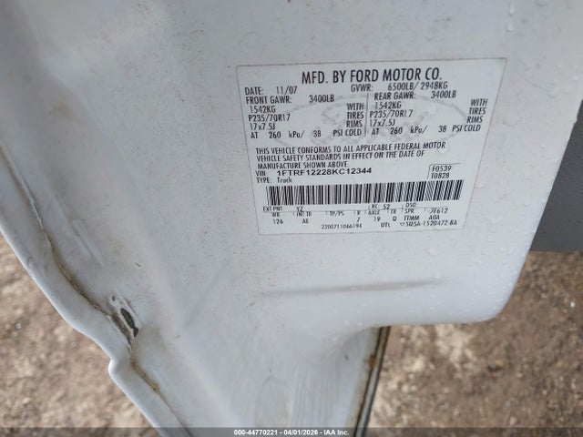 44770221 :رقم المزاد ، 1FTRF12228KC12344 vin ، 2008 Ford F-150 Stx/xl/xlt مزاد بيع