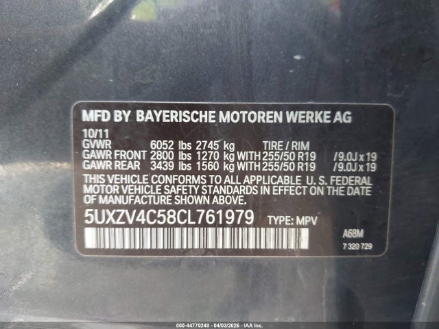 44770248 :رقم المزاد ، 5UXZV4C58CL761979 vin ، 2012 Bmw X5 Xdrive35i/xdrive35i Premium/xdrive35i Sport Activity مزاد بيع