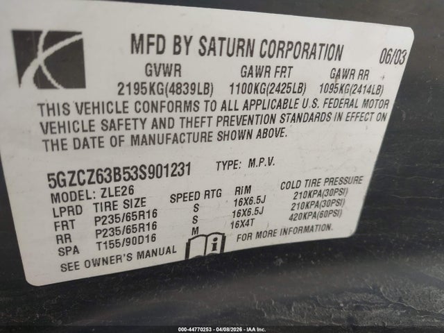 Aukcja sprzedaży 2003 Saturn Vue V6, vin: 5GZCZ63B53S901231, numer aukcji: 44770253
