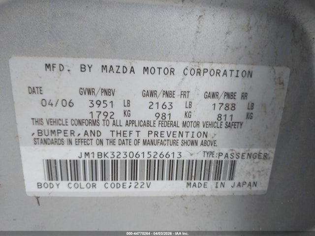 44770264 :رقم المزاد ، JM1BK323061526613 vin ، 2006 Mazda Mazda3 S Touring مزاد بيع