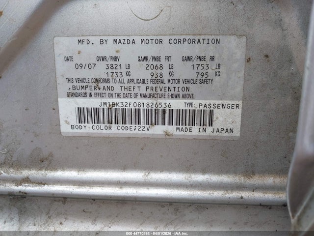Продаж на аукціоні авто 2008 Mazda Mazda3 I, vin: JM1BK32F081826536, номер лоту: 44770268