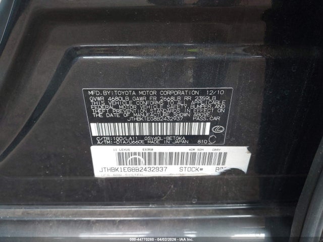 44770280 :رقم المزاد ، JTHBK1EG8B2432937 vin ، 2011 Lexus Es 350 مزاد بيع