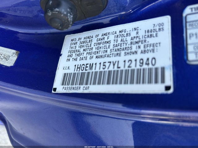 2000 Honda Civic Si მანქანა იყიდება აუქციონზე, vin: 1HGEM1157YL121940, აუქციონის ნომერი: 44770297
