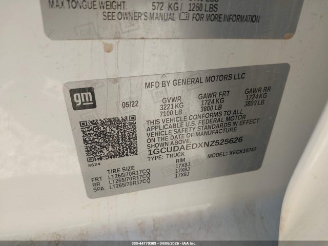 1GCUDAEDXNZ525626 Chevrolet Silverado 1500 4wd Standard Bed Wt