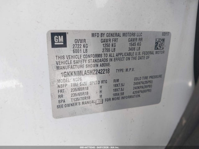 44770345 :رقم المزاد ، 1GKKNMLA5HZ242218 vin ، 2017 Gmc Acadia Slt-1 مزاد بيع