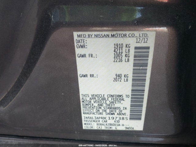 Продажа на аукционе авто 2013 Nissan Altima 2.5 S, vin: 1N4AL3AP4DC197385, номер лота: 44770362