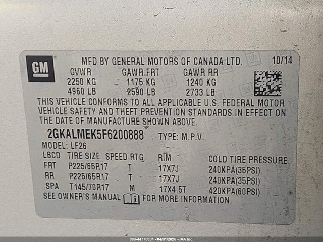 44770381 :رقم المزاد ، 2GKALMEK5F6200888 vin ، 2015 Gmc Terrain Sle-1 مزاد بيع