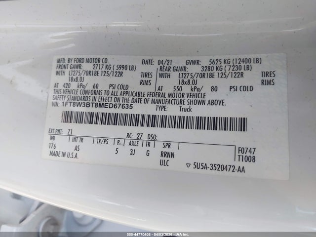 Продажа на аукционе авто 2021 Ford F-350 Xl, vin: 1FT8W3BT8MED67635, номер лота: 44770408