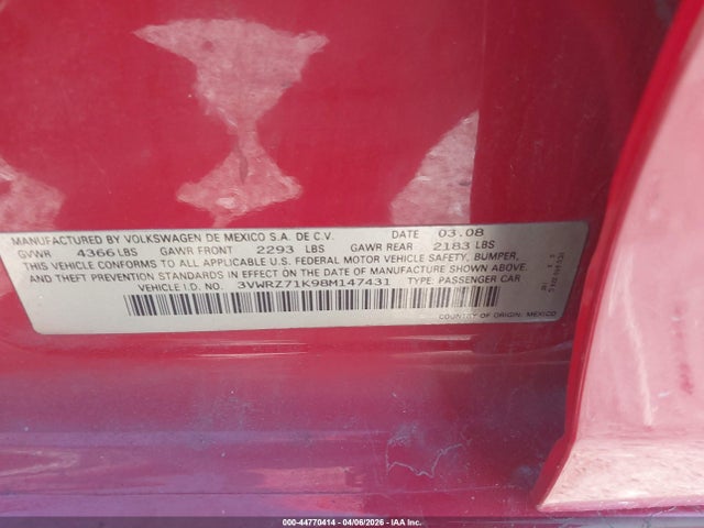44770414 :رقم المزاد ، 3VWRZ71K98M147431 vin ، 2008 Volkswagen Jetta Se مزاد بيع