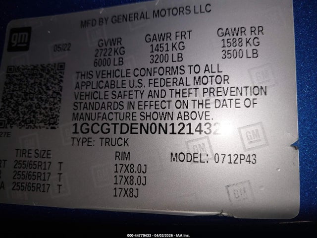 Aukcja sprzedaży 2022 Chevrolet Colorado 4wd  Short Box Z71, vin: 1GCGTDEN0N1214327, numer aukcji: 44770433