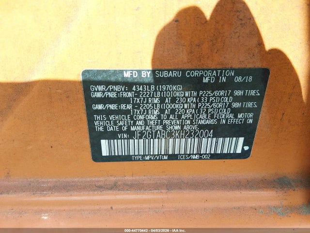 Продаж на аукціоні авто 2019 Subaru Crosstrek 2.0i, vin: JF2GTABC3KH232004, номер лоту: 44770442