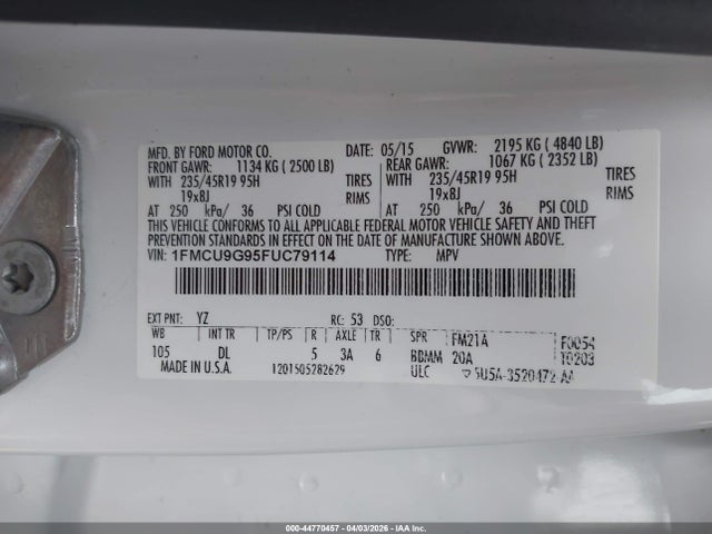 Продаж на аукціоні авто 2015 Ford Escape Se, vin: 1FMCU9G95FUC79114, номер лоту: 44770457
