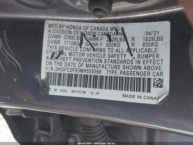 44770481 :رقم المزاد ، 2HGFC2F83MH555568 vin ، 2021 Honda Civic Sport مزاد بيع