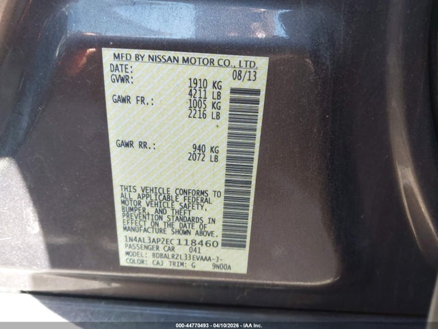 44770493 :رقم المزاد ، 1N4AL3AP2EC118460 vin ، 2014 Nissan Altima 2.5 S مزاد بيع