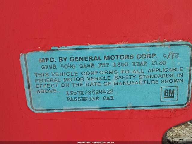 Продажа на аукционе авто 1972 Chevrolet Corvette, vin: 1Z67K2S524422, номер лота: 44770517