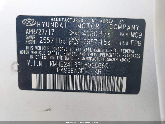 44770518 :رقم المزاد ، KMHE24L35HA066669 vin ، 2017 Hyundai Sonata Hybrid Se مزاد بيع
