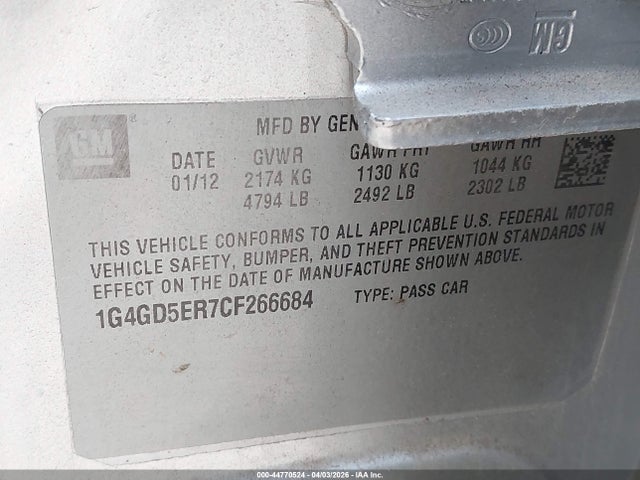 Aukcja sprzedaży 2012 Buick Lacrosse Premium 1 Group, vin: 1G4GD5ER7CF266684, numer aukcji: 44770524