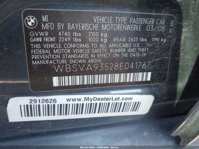 44770530 :رقم المزاد ، WBSVA93528E041767 vin ، 2008 Bmw M3 مزاد بيع