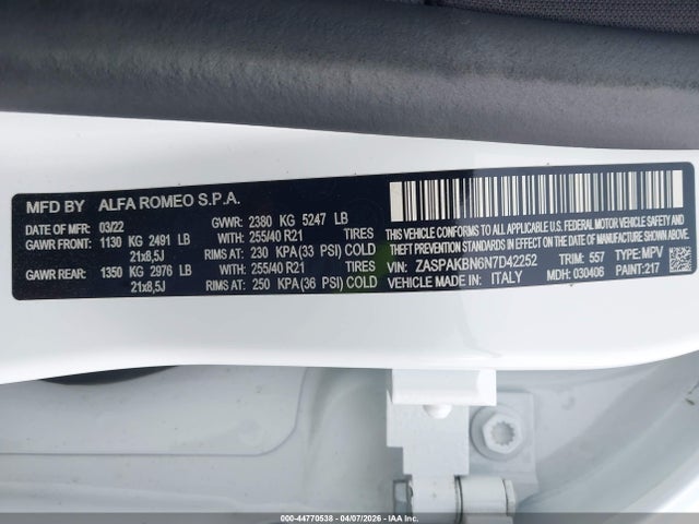 44770538 :رقم المزاد ، ZASPAKBN6N7D42252 vin ، 2022 Alfa Romeo Stelvio Veloce Ti Awd مزاد بيع