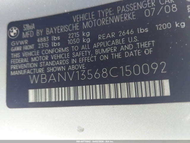 44770542 :رقم المزاد ، WBANV13568C150092 vin ، 2008 Bmw 528xi مزاد بيع