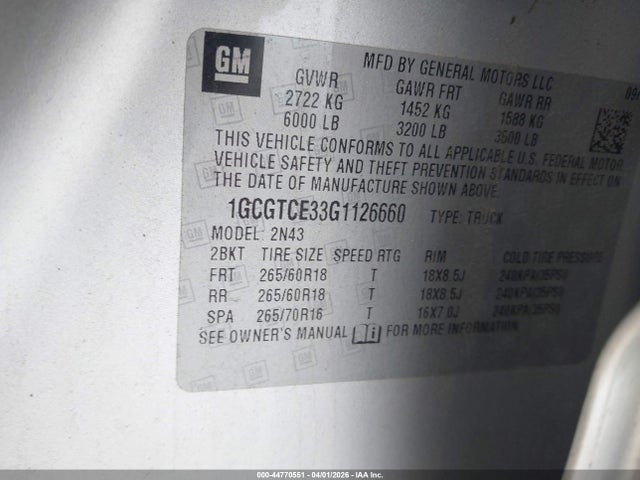 1GCGTCE33G1126660 Chevrolet Colorado Lt