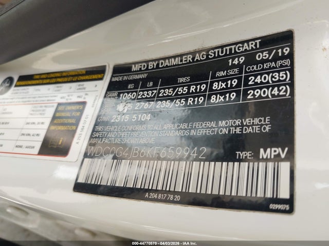 Aukcja sprzedaży 2019 Mercedes-benz Glc 300, vin: WDC0G4JB6KF659942, numer aukcji: 44770570