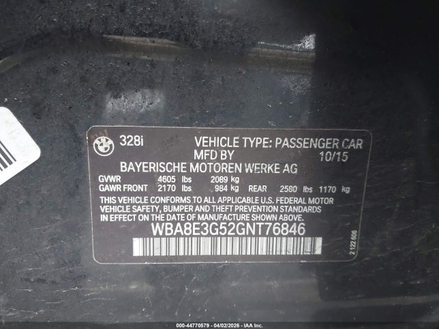 2016 Bmw 328i Xdrive მანქანა იყიდება აუქციონზე, vin: WBA8E3G52GNT76846, აუქციონის ნომერი: 44770579