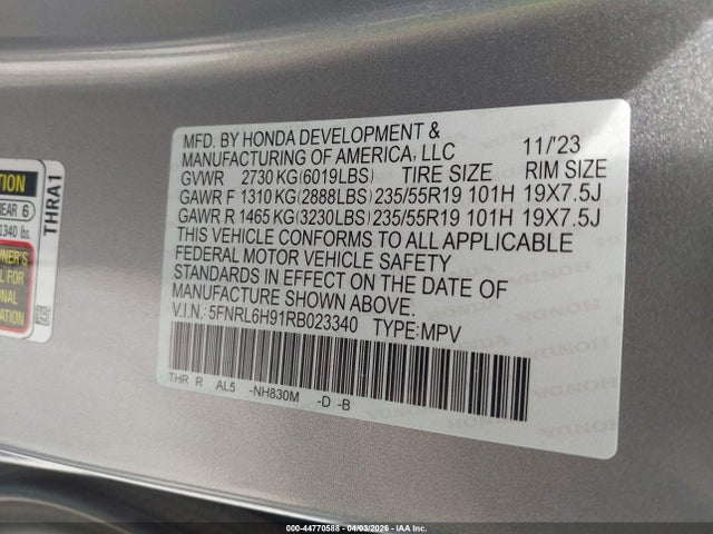 2024 Honda Odyssey Elite მანქანა იყიდება აუქციონზე, vin: 5FNRL6H91RB023340, აუქციონის ნომერი: 44770588