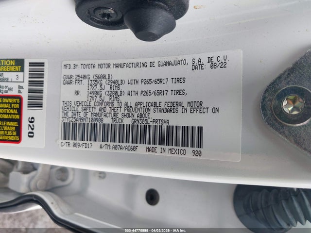 Aukcja sprzedaży 2022 Toyota Tacoma Trd Sport, vin: 3TYCZ5AN9NT100908, numer aukcji: 44770595
