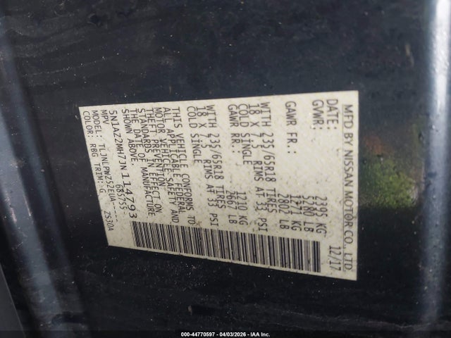 44770597 :رقم المزاد ، 5N1AZ2MH7JN114793 vin ، 2018 Nissan Murano S مزاد بيع