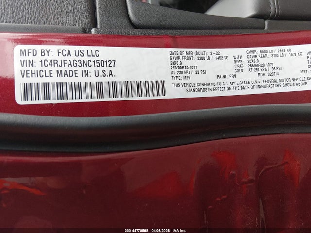 Продаж на аукціоні авто 2022 Jeep Grand Cherokee Wk Laredo X 4x4, vin: 1C4RJFAG3NC150127, номер лоту: 44770598