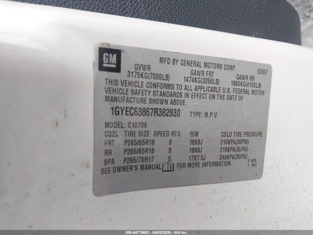 Aukcja sprzedaży 2007 Cadillac Escalade Standard, vin: 1GYEC63867R382830, numer aukcji: 44770602