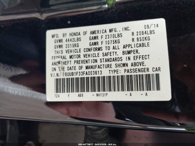 44770617 :رقم المزاد ، 19UUB1F33FA003613 vin ، 2015 Acura Tlx مزاد بيع