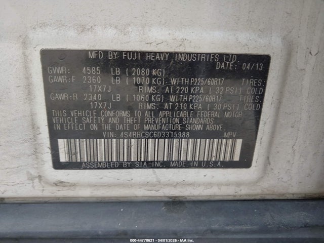 44770621 :رقم المزاد ، 4S4BRCSC6D3315988 vin ، 2013 Subaru Outback 2.5i Limited مزاد بيع