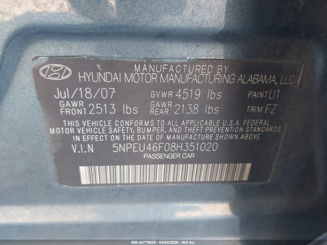 2008 HYUNDAI SONATA 5NPEU46F08H351020 Photo 8