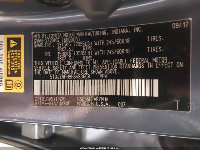 5TDJZRFH9HS483668 Toyota Highlander Xle