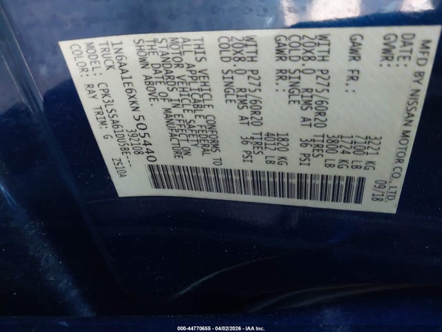 44770655 :رقم المزاد ، 1N6AA1E6XKN505440 vin ، 2019 Nissan Titan Sv مزاد بيع