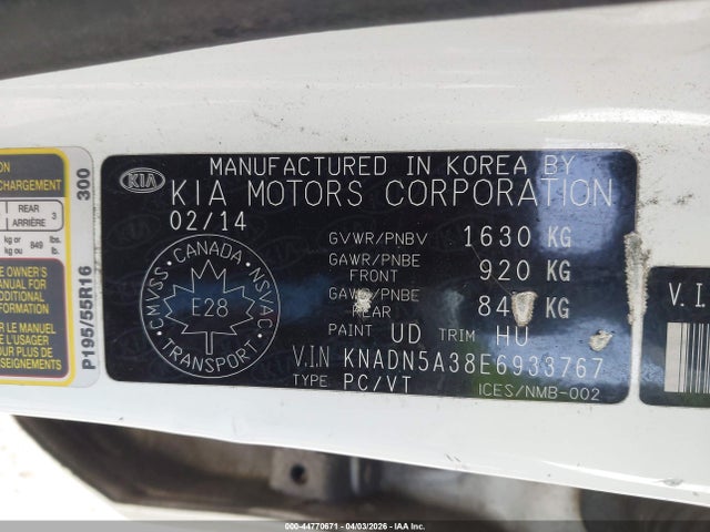 44770671 :رقم المزاد ، KNADN5A38E6933767 vin ، 2014 Kia Rio Ex/lx/sx مزاد بيع