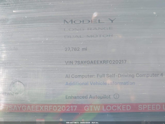 Aukcja sprzedaży 2024 Tesla Model Y Long Range Dual Motor All-wheel Drive, vin: 7SAYGAEEXRF020217, numer aukcji: 44770673