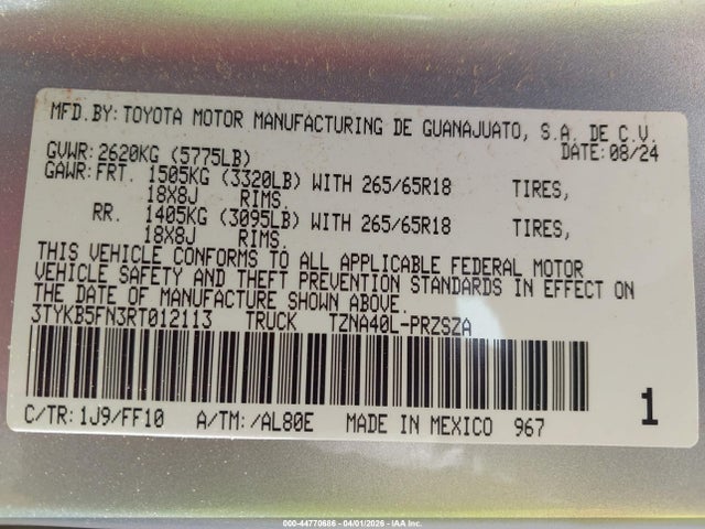 Aukcja sprzedaży 2024 Toyota Tacoma Sr5, vin: 3TYKB5FN3RT012113, numer aukcji: 44770686