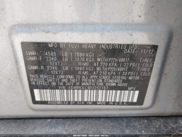 44770689 :رقم المزاد ، 4S4BRCKC9D3252157 vin ، 2013 Subaru Outback 2.5i Limited مزاد بيع