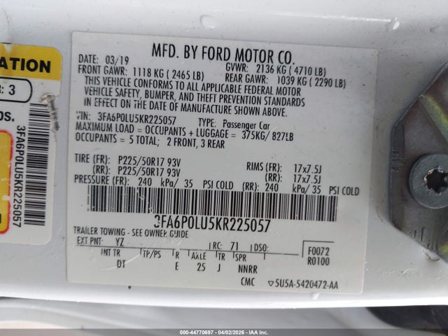 Продаж на аукціоні авто 2019 Ford Fusion Hybrid Se, vin: 3FA6P0LU5KR225057, номер лоту: 44770697