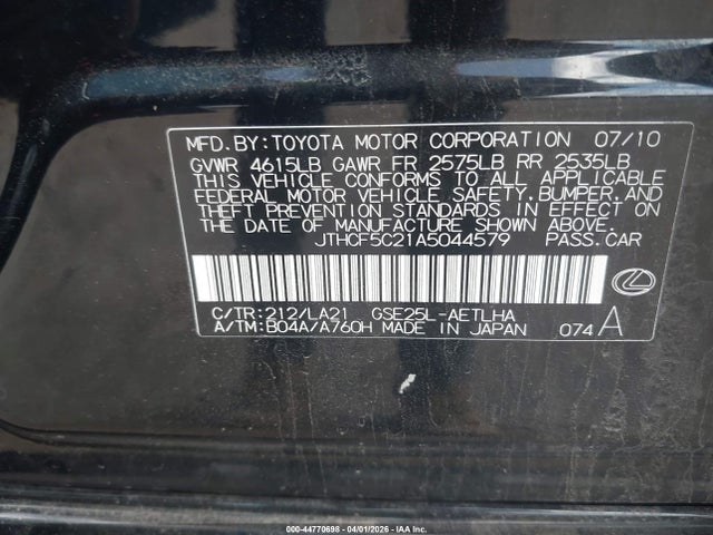 2010 Lexus Is 250 მანქანა იყიდება აუქციონზე, vin: JTHCF5C21A5044579, აუქციონის ნომერი: 44770698