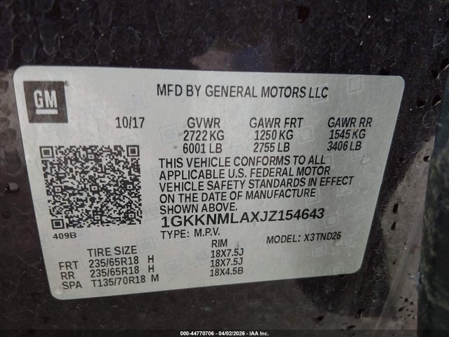 44770706 :رقم المزاد ، 1GKKNMLAXJZ154643 vin ، 2018 Gmc Acadia Slt-1 مزاد بيع
