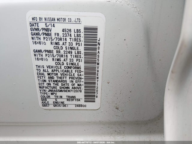 Продажа на аукционе авто 2014 Nissan Rogue Select S, vin: JN8AS5MV9EW712078, номер лота: 44770712
