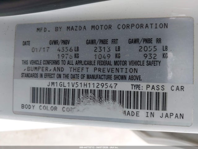 Aukcja sprzedaży 2017 Mazda Mazda6 Touring, vin: JM1GL1V51H1129547, numer aukcji: 44770713