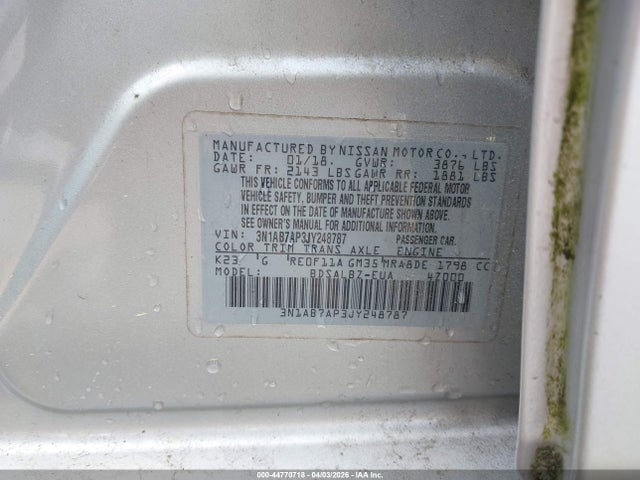 44770718 :رقم المزاد ، 3N1AB7AP3JY248787 vin ، 2018 Nissan Sentra S مزاد بيع