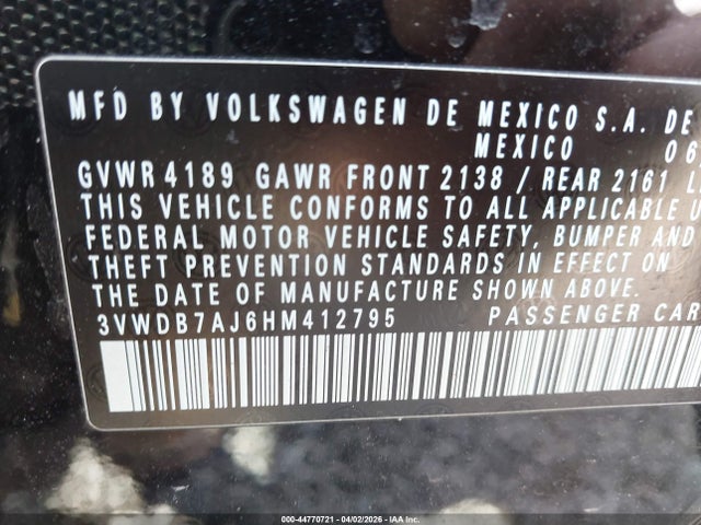 Aukcja sprzedaży 2017 Volkswagen Jetta 1.4t Se, vin: 3VWDB7AJ6HM412795, numer aukcji: 44770721